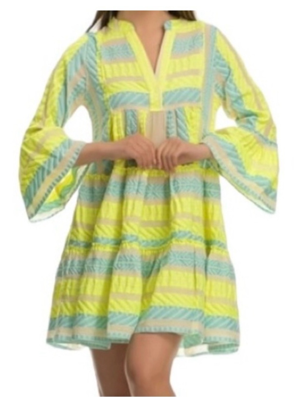 Devotion TWINS Yellow and Light Blue Striped Bell-Sleeve Mini Dress